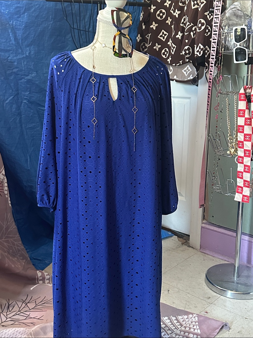 Classic Royal Blue Eyelet Long Sleeve Dress
